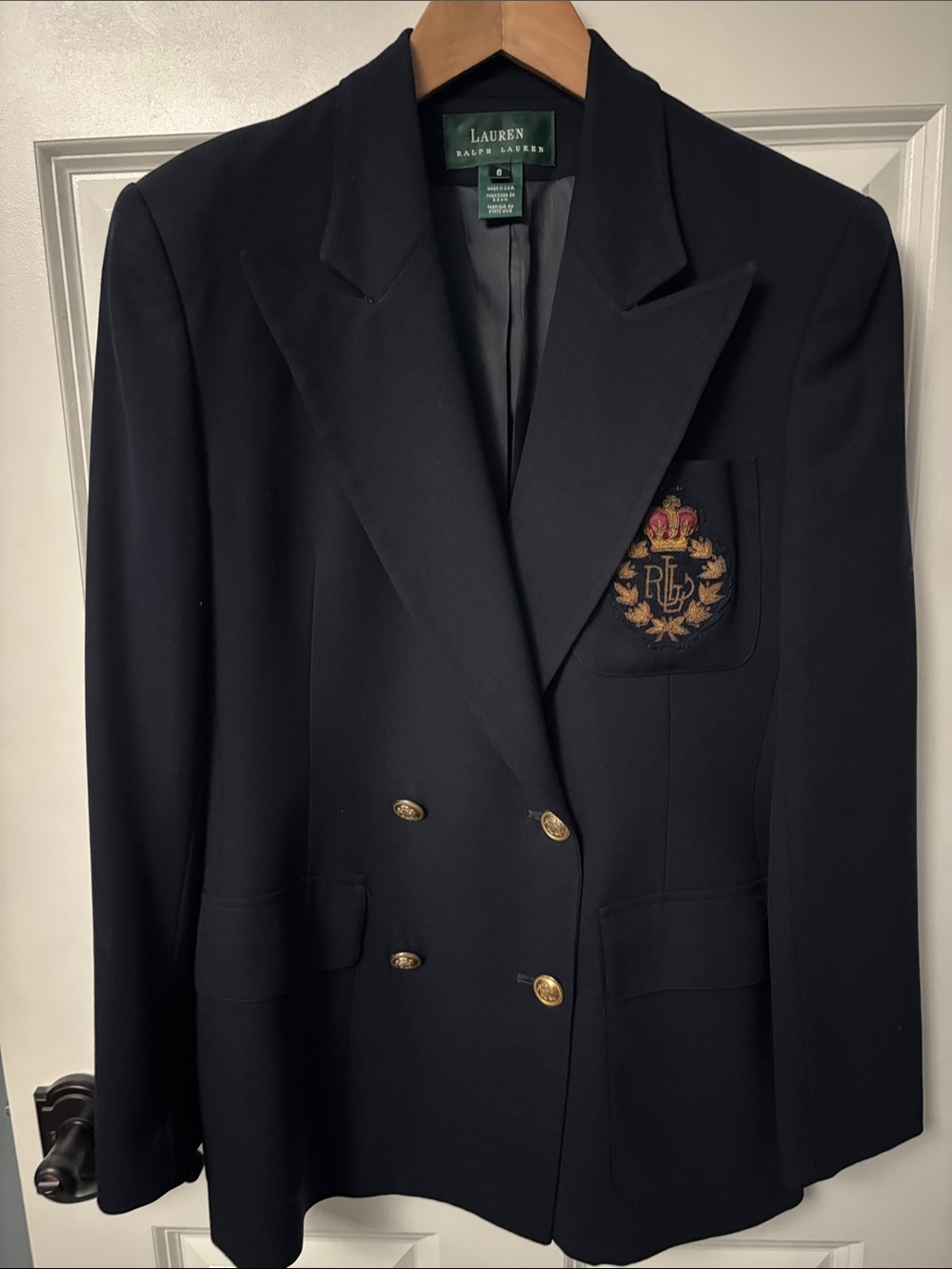 Ralph Lauren Navy Double-Breasted Blazer with Gold Crest. Size 6